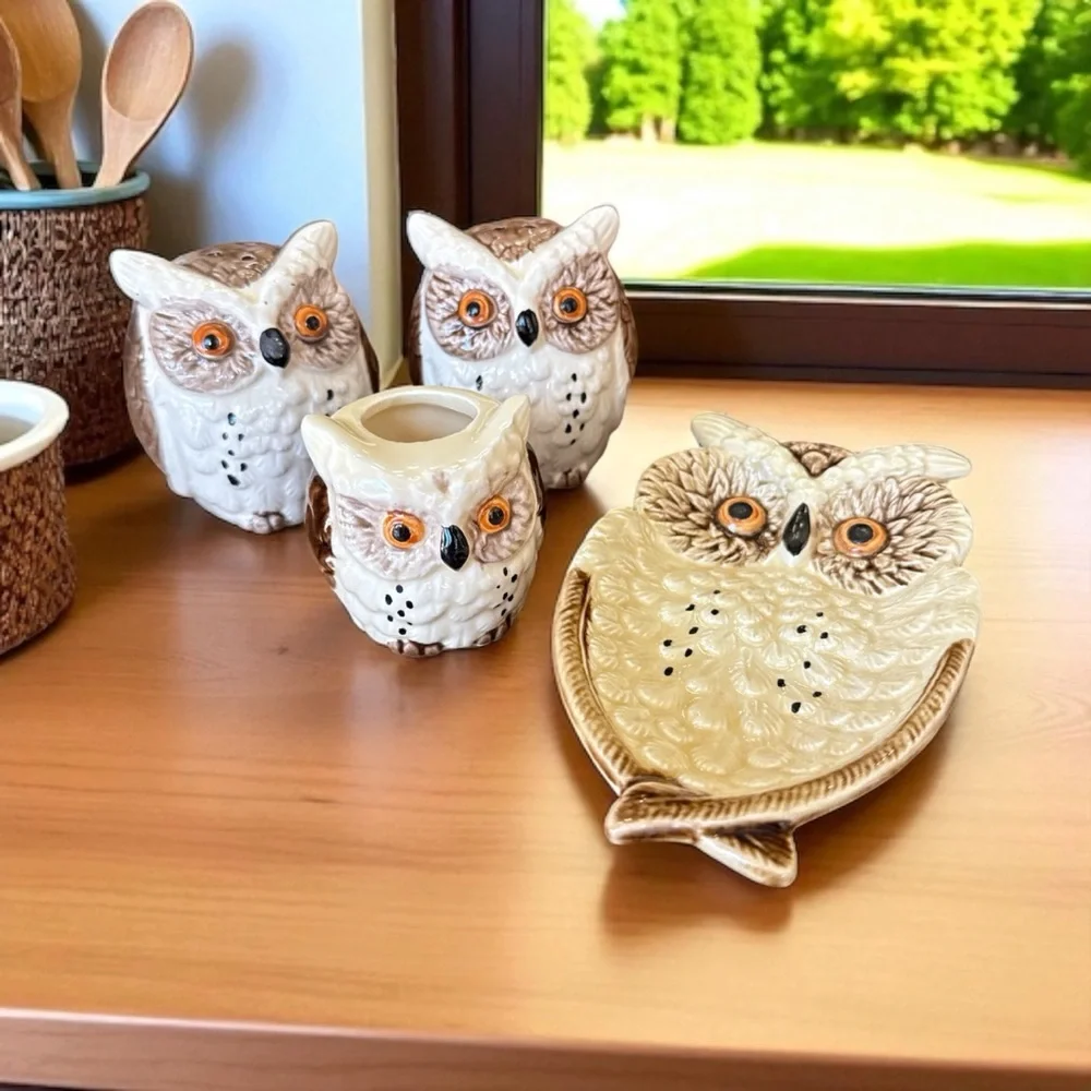 VTG Enesco Japan Ceramic Owl Kitchen Counter Set Napkin Spoon Rest Shakers